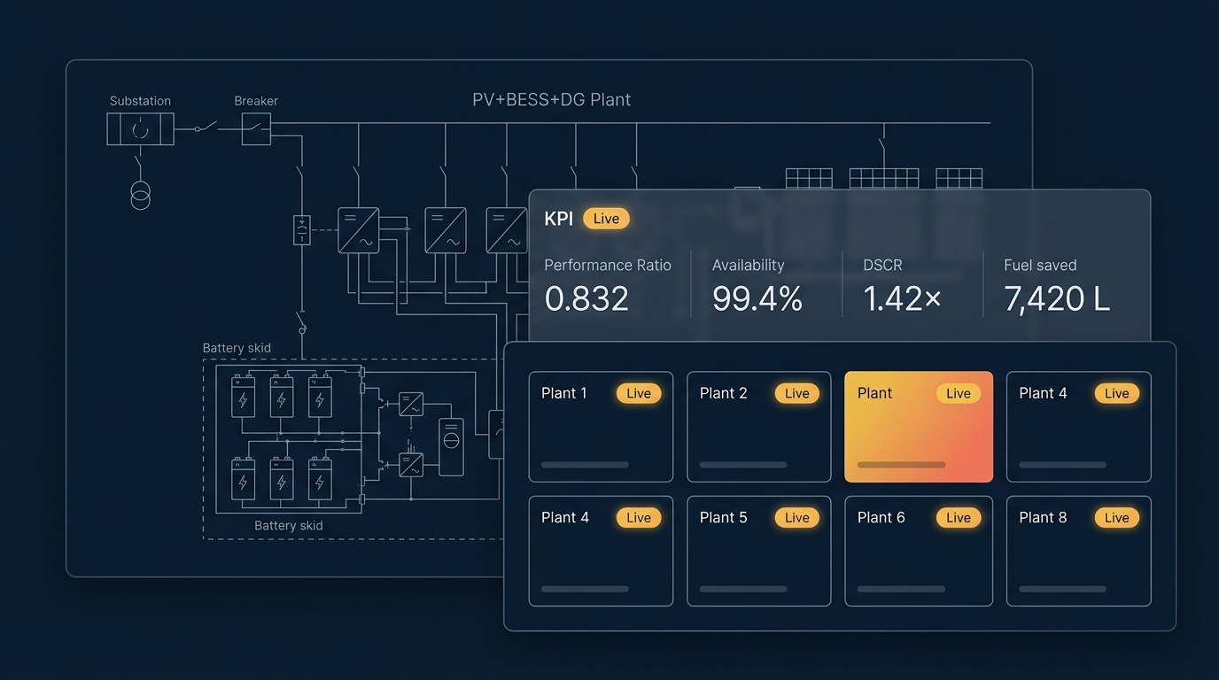 Portfolio dashboard rendering — PV + BESS + DG one-line view with KPI overlay