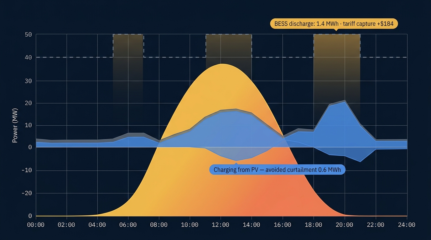 LumeTrax Optimizer — 24-hour PV + BESS + DG dispatch with tariff overlay